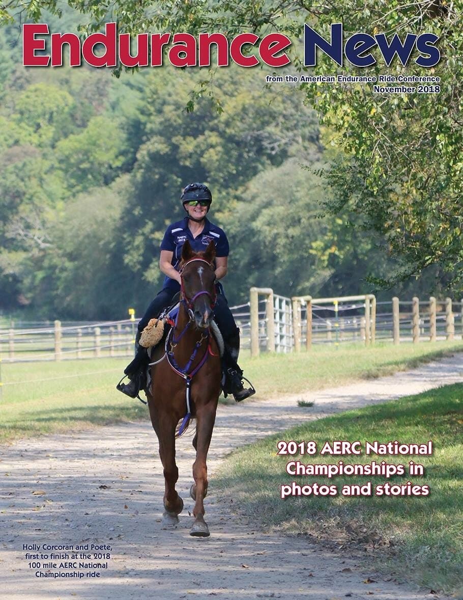 Endurance News, November 2018 cover: Holly Corcoran riding Poete down a tree-lined lane.